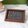 18-piece set of colorful rhinestone rings in a dark brown walnut wood display tray - Walnut Frame with Grey Interior