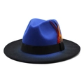 Royal blue and black gradient wool fedora hat with colorful feather and black ribbon - M (56-58cm) / Royal Blue + Black