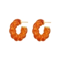 Minimalist orange twisted acrylic C-shape hoop earrings with gold metal posts - Orange Red