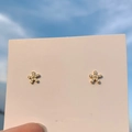 Elegant gold flower stud earrings with crystals on a pink jewelry card under blue sky - 925 Silver Needle / Gold Five-Petal Flower Stud Earrings