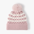 Bonnet en maille bicolore rose et blanc avec pompon doux et texture ondulée pour femmes - Réglable / Motif à Vagues Roses (23B004粉色)
