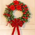 Detail of snow-flocked Christmas wreath with red poinsettias and warm LED lights - Timer Waterproof Battery Light (SYWT012)