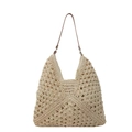 Borsa a spalla in paglia intrecciata beige traforata con tracolla marrone e trama all'uncinetto - Beige Solido