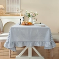 Blue and white striped rectangular tablecloth with elegant ruffled edge for dining decor - Yarn-dyed Blue Striped Lotus