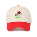 Retro 5-panel truck headwear featuring mushroom embroidery and red-beige contrast colors - Adjustable / Red