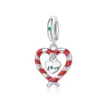 Funkelnder S925 Silber Herzanhänger mit rot-weißem Emaille-Zuckerstangen-Muster - Herz Zuckerstange (0603)