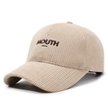 Gorra de béisbol de pana beige clásica con texto MOUTH bordado y logotipo de bigote - Ajustable / Bordado de Letras MOUTH / Caqui