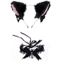Cat ear headband and lace choker set with bows and jingle bells for costume dress-up - Cat Ear Headband + Lace Choker Set / Black