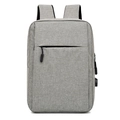 Minimalist grey USB charging travel backpack with a front zipper pocket on white background - Gray