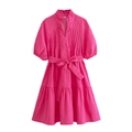 Roze mini-jurk met wafelstructuur, ruffelkraag, pofmouwen en strikceintuur in de taille - XS / Rozerood