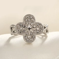 Silver flower ring with micro-pave crystals and woven adjustable band detail - Adjustable Open / Steel Color Four Leaf Clover White Zircon