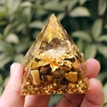 Tiger eye crystal pyramid with gold foil and crystal ball held in hand, 6cm size - XQK22 Large Leaf White Crystal