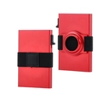 Dual view of a red aluminum RFID wallet with AirTag holder and black elastic strap - Red