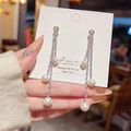 Elegant silver tassel earrings with sparkling crystals and three hanging pearls - Pearl Tassel Silver Long Style (E0205)