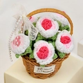 Handmade knitted pink and white flowers in a woven basket with lace and pearl handle - 6 Gradient Pink Roses Basket