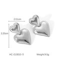Detail view of heart-shaped steel earrings with 2.01cm width and 3.20cm height specs - Silver Overlapping Heart Drop Earrings (HC-E10010-S)