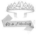 Detail of 40th birthday set including silver rhinestone crown and 40 & Fabulous sash - 40 Years Old Silver (Tiara And Silver Sash And Pin)