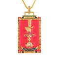 Macro detail of a golden tarot card pendant with red enamel, gems, and XIII engraving - The Hanged Man (With Chain)