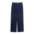 Camicia di jeans a maniche corte e jeans blu scuro a vita alta a gamba larga con cucitura - XS / Pants / Blu scuro