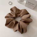 Close-up of premium satin silk scrunchie in coffee brown with rich folds and soft gloss - Large Khaki (approx. 13CM)