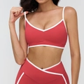 Ziegelrotes Sport-BH- und Leggings-Set mit weißen Kontrastkanten für Damen-Fitness - S / Himbeerrot