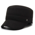 Men's winter flat top wool cap with warm ear flaps and metallic SD side ornament - Adjustable / Black
