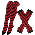 Red and black striped thigh high socks with matching long fingerless arm warmers - One Size / Red and Black Stripes