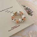 Élastique à cheveux rose champagne avec rose en tissu, perles et feuilles en soie - 4# Fleur de Perle Rose Clair (Cercle Complet)