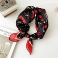 Black cotton linen square scarf with cherry print and floral pattern tied as a headband - 55cm / Cherry Black