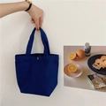Macro detail of navy canvas lunch bag with metal snap closure and reinforced handle - Sea Blue (With Snap Button)