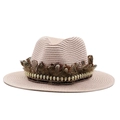 Flat top straw fedora hat with brown feather and golden skull trim for beach vacations - Flesh Pink