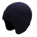 Winter navy blue knitted earflap hat with warm fleece lining for cold protection - Standard Type / Navy Blue