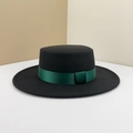 Detailed side view of black wool felt boater hat with a green ribbon band. - M (56-58cm) / Black (Dark Green Ribbon)
