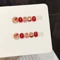 Uñas postizas festivas rojas y doradas con efecto ojo de gato y diseño chino - Grande (L) / C135-Estilo Redondo Infantil