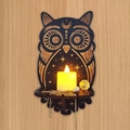 Bohemian owl-shaped wooden shelf with carved moon and star patterns for crystals - Owl