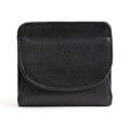 Women's short black leather wallet featuring pebble texture and a snap button flap - Black