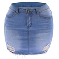 Light blue distressed denim mini skirt with frayed hem and ripped details on white background - S / Light Blue