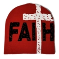 Berretto in maglia rossa con scritta FAITH nera e motivo a croce bianca su sfondo bianco - Lettera FAITH Croce Jacquard / Rosso