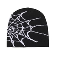Black knit beanie featuring a white spider web jacquard pattern in street style - One Size / Black and White