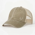 Vintage khaki baseball cap with white smiley face embroidery and breathable mesh back panel - Adjustable / Khaki