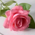 Single lifelike pink velvet artificial rose with green leaves for home decoration - 7cm / Elsa Rose-Deep Pink