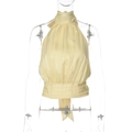 Detail of light yellow pleated halter top showing vertical textures and elegant high neck - S / Yellow