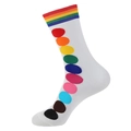 White cotton crew socks with colorful polka dots and rainbow striped ribbed cuffs - 956-Rainbow Dots