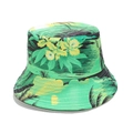 Detail showing tropical palm tree and yellow floral print on a green bucket hat - M (56-58cm) / Green Tropical Rainforest Style (B)