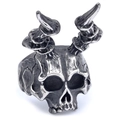 Detailed close-up of retro punk skull ring featuring horn textures and oxidized steel - US Size 7 / Ram Horn Skull Style (16105) / Antique Silver