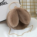 Cute coffee brown plush rabbit ear crossbody bag with gold metal handle and chain strap - Khaki