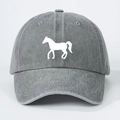 Grey washed denim baseball cap featuring a white horse silhouette print for sun protection - One Size / Gray