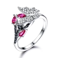 925 sterling silver ring with red teardrop gemstones and butterfly floral design - Size 5 / Floral Red Gemstone Style (RUJ066R-1)