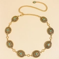 Vintage golden metal chain belt featuring round discs with inlaid turquoise stones - Round Concho Style / Antique Gold (19380)