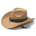 Chapeau de cow-boy en daim kaki avec bande en cuir et boucle métallique tête de taureau - M (56-58cm) / Chameau